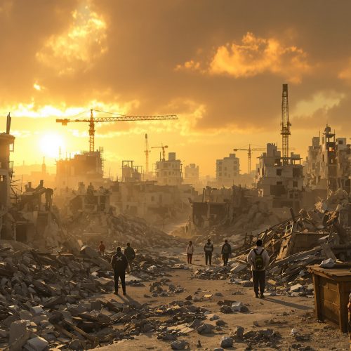 Firefly_Flux_A-devastated-Gaza-city-being-rebuilt-under-the-light-of-justice-—-cranes-and-workers-196815 بين «إعادة البناء» و«العدالة».. اختبار ضمير العالم في غزة