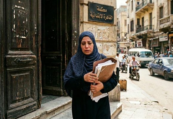 Woman_stepping_out_courthouse_do…_202605011431 طلقني، طلقني، … يا إمّا هاخلعك