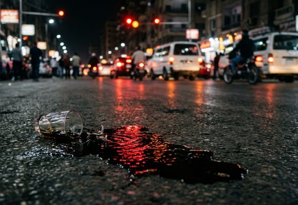 Spilled_tea_on_asphalt_reflection_202607031247 كوب شاي بطعم الدم